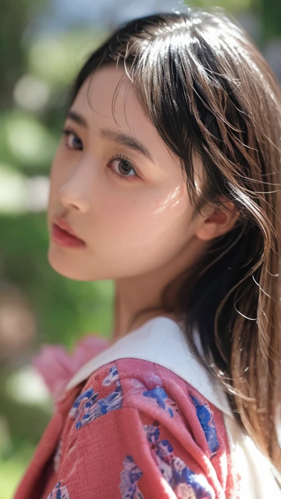 ((Extremely precise and accurate anatomy:1.0)), (photo realistic:1.4), (Hyper realistic:1.4), (Highest qualityの現実的な肌の質感:1.4), (Improvement of quality:1.4), (Enhances the beauty of skin texture:1.1), Clean and glowing skin,(((masterpiece、Attention to detail、Ultra-high resolution、Cute Japanese Woman)))、length, Straight black hair frames her face、Each strand of hair is clearly visible、The skin is white and smooth、Has a natural glow、Fine skin、毛穴のExpressing every detail、A detailed look at the areas with slight redness on the forehead and cheeks、The eyes are dark brown.、Iris Detail、Expressing color gradations and patterns、length, Natural Eyelashes, well-groomed eyebrows、personal々The hair is clearly visible、Light reflects off the eyes、Create small highlights、The nose is delicate、nose孔の細かいディテール、Lips are plump and naturally pink、Fine lines and soft curves of the lips、Glossy Lips、Enhances the shape of your lips、Detailed depiction of lip texture、((depiction of light and shadow))、Soft natural light gently illuminates your face from the front、A faint glow on the forehead, nose, and cheeks、The shadows are softly cast along the contours of the face.、Accentuate the curves of your cheekbones, chin and sides of your nose、Her lip gloss subtly reflects the light...、Increases lip plumpness、The shadows in the hair add depth and dimension、Your hair sparkles in the light、The background is simple and blurry.、Focus on the face、(((Highest quality、Expressing every detail)))