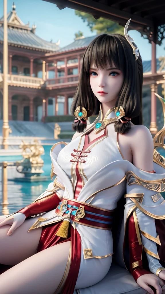 (8k, RAW photo, best quality, masterpiece:1.2),(realistic, photo-realistic:1.4), ultra-detailed, extremely detailed cg 8k wallpaper,(crystalstexture skin:1.2), (extremely delicate and beautiful),
1girl,solo,black hair,  long hair, green eyes, closed mouth, hair ornament, bare shoulders, detached sleeves,big breasts, red dress,leaning forward,  on the chair, full body, crossing legs,