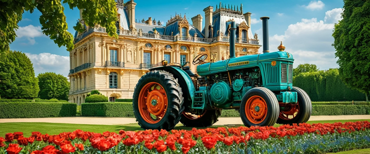 Paris Mint, Versailles castle, detailed castle façade, intricate carvings, lush gardens, vibrant flowers, sunlight filtering through trees, striking shiny Copper and teal tractor, meticulous details of the tractor, steam punk, high image quality, vivid colors, carefully crafted lighting. monnaie de Paris se distingue à travers le château de Versailles et devient un tracteur rouge et argent