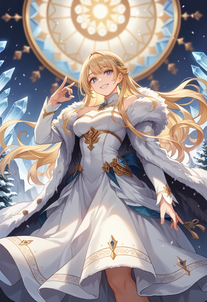 score_9, score_8_up, score_7_up, score_6_up, hd, detailed cg art, masterpiece, best quality, (masterpiece, best quality:1.2), highres, wallpaper, 1large blonde lady with cascading golden locks, gentle smile with warm expression, square shoulders and muscular build, white fur bodysuits with intricate patterns, fur socks with decorative trims, fur sleeve with intricate embroidery, fur long skirt with elegant flow, fur coat draped over shoulders, depth of field, from below, 8k, towering over snowy landscape, crystalline ice formations around, glacial backdrop, soft snowfall, warm light from setting sun, welcoming gesture with open arms, serene and majestic presence