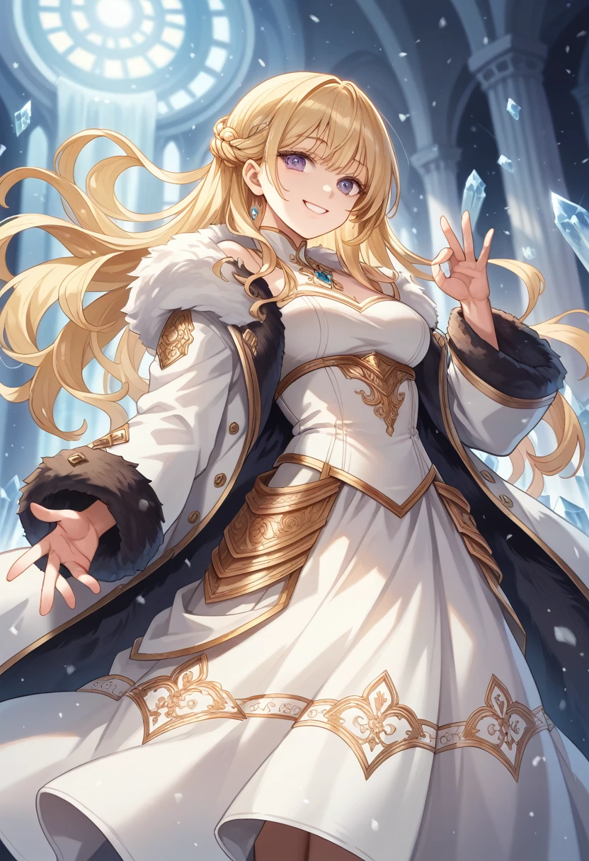 score_9, score_8_up, score_7_up, score_6_up, hd, detailed cg art, masterpiece, best quality,  (masterpiece, best quality:1.2), highres, wallpaper, 1large blonde lady with cascading golden locks, gentle smile with warm expression, square shoulders and muscular build, white fur bodysuits with intricate patterns, fur socks with decorative trims, fur sleeve with intricate embroidery, fur long skirt with elegant flow, fur coat draped over shoulders, depth of field, from below, 8k, towering over snowy landscape, crystalline ice formations around, glacial backdrop, soft snowfall, warm light from setting sun, welcoming gesture with open arms, serene and majestic presence