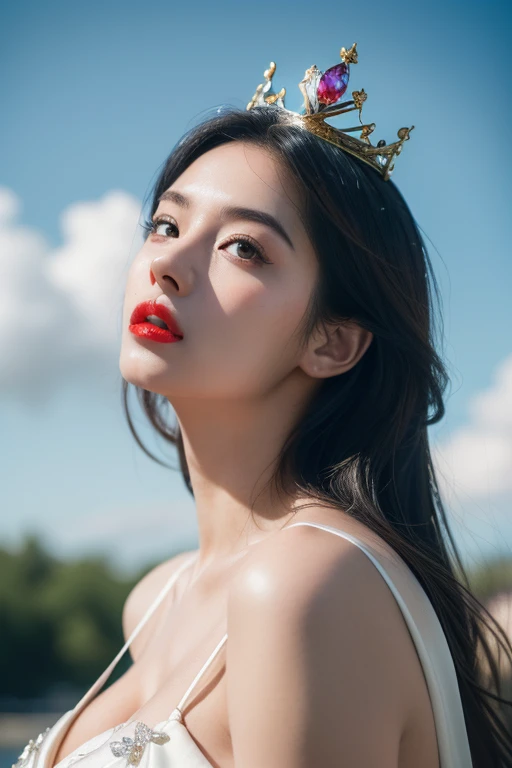 ((Hyper realistic super detailed, masterpiece:9.8, top quality:9.8, best quality:9.8, beautiful:1.5)), ultra high res, extreme detailed, colorful, ultra detailed, most beautiful gorgeous queen in the world, extremely hot, extremely sexy, extremely gorgeous, extremely beautiful, detailed face:3.0, face is clear and delicate, 8K, perfect face, (black hair, long hair, huge boob:1.7, thicc, posing in heaven), white clouds, extremely sunny weather, (a little diamond crown on head), (cinematic shot, cinematic lighting, red lips, perfect female anatomy), extreme depth of field