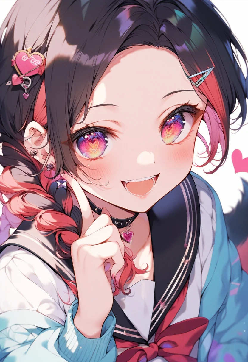 Fraction_9, Fraction_8_Predominant, Fraction_7_Predominant, Fraction_6_Predominant,an anime style picture of a girl with colorful hair holding two Hearts, 1 Girl, multicoloRed hair, Solitary, Close your eyes, Red hair, Long hair, Double tail, black Sailor collar, Black Hair, Smile, Sailor collar, jacket, open mouth, Hair accessories, direction, Long sleeve, Heart, blush