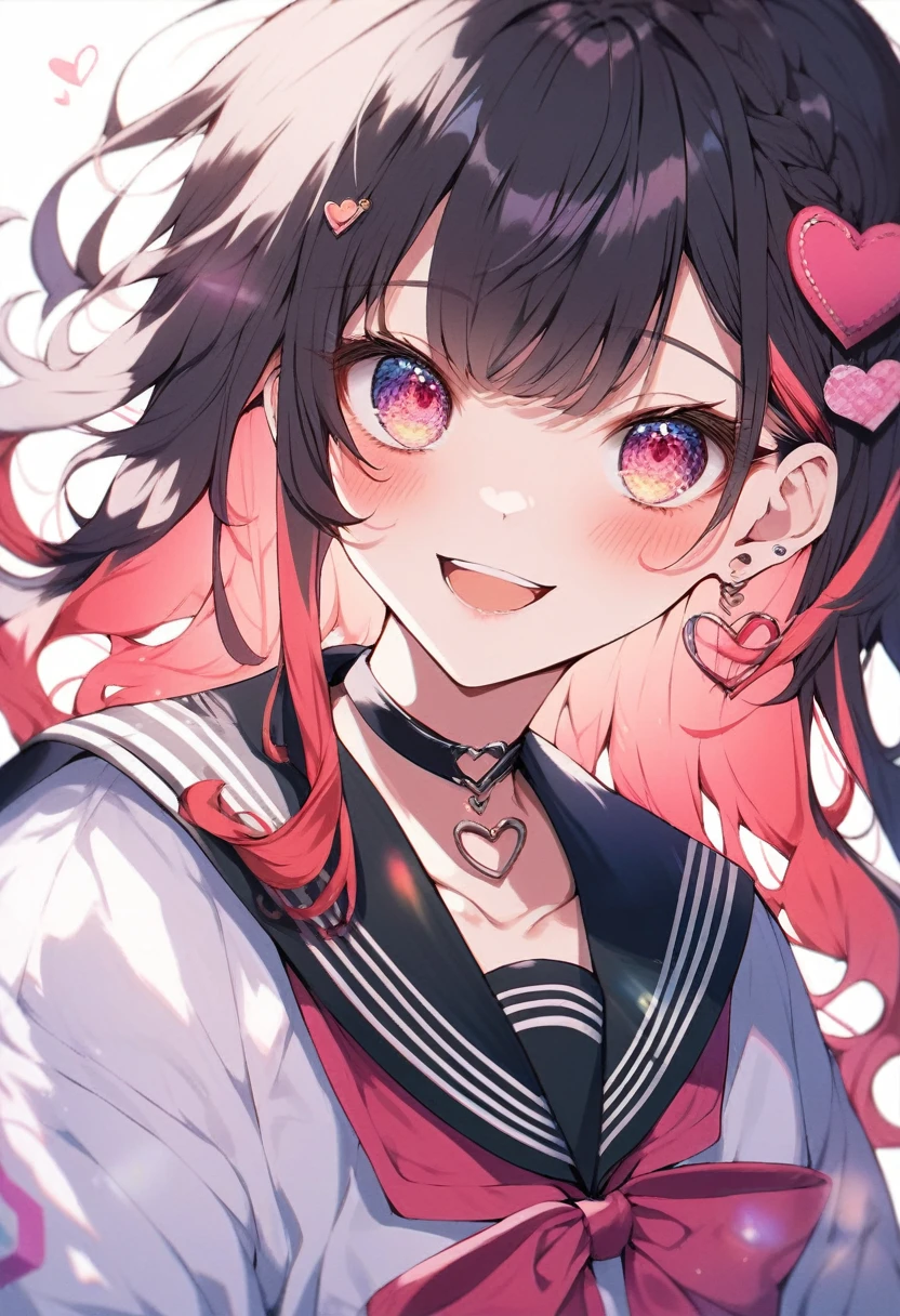 Fraction_9, Fraction_8_Predominant, Fraction_7_Predominant, Fraction_6_Predominant,an anime style picture of a girl with colorful hair holding two Hearts, 1 Girl, multicoloRed hair, Solitary, Close your eyes, Red hair, Long hair, Double tail, black Sailor collar, Black Hair, Smile, Sailor collar, jacket, open mouth, Hair accessories, direction, Long sleeve, Heart, blush