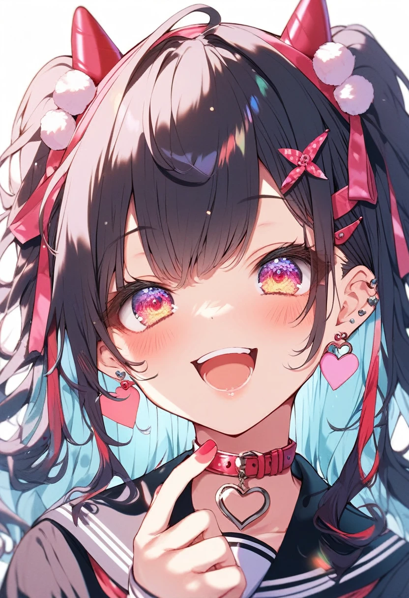 Fraction_9, Fraction_8_Predominant, Fraction_7_Predominant, Fraction_6_Predominant,an anime style picture of a girl with colorful hair holding two Hearts, 1 Girl, multicoloRed hair, Solitary, Close your eyes, Red hair, Long hair, Double tail, black Sailor collar, Black Hair, Smile, Sailor collar, jacket, open mouth, Hair accessories, direction, Long sleeve, Heart, blush