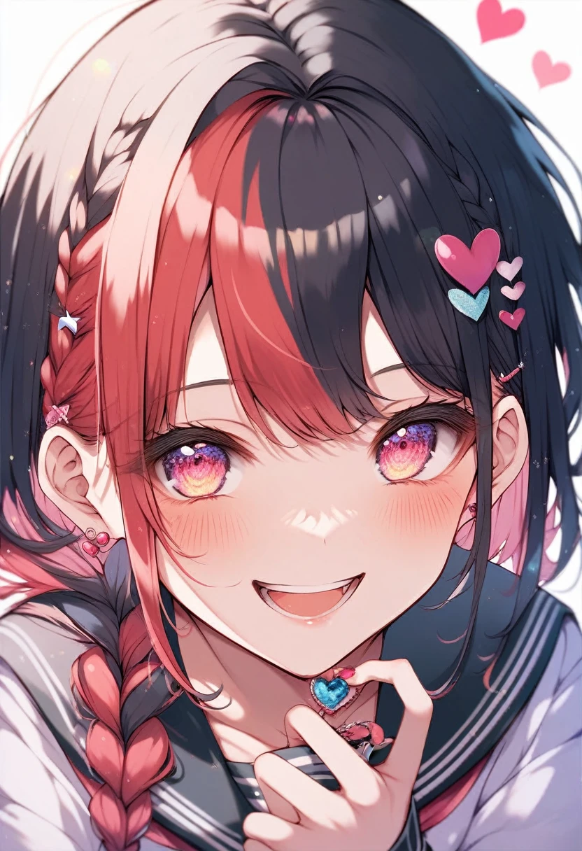 Fraction_9, Fraction_8_Predominant, Fraction_7_Predominant, Fraction_6_Predominant,an anime style picture of a girl with colorful hair holding two Hearts, 1 Girl, multicoloRed hair, Solitary, Close your eyes, Red hair, Long hair, Double tail, black Sailor collar, Black Hair, Smile, Sailor collar, jacket, open mouth, Hair accessories, direction, Long sleeve, Heart, blush