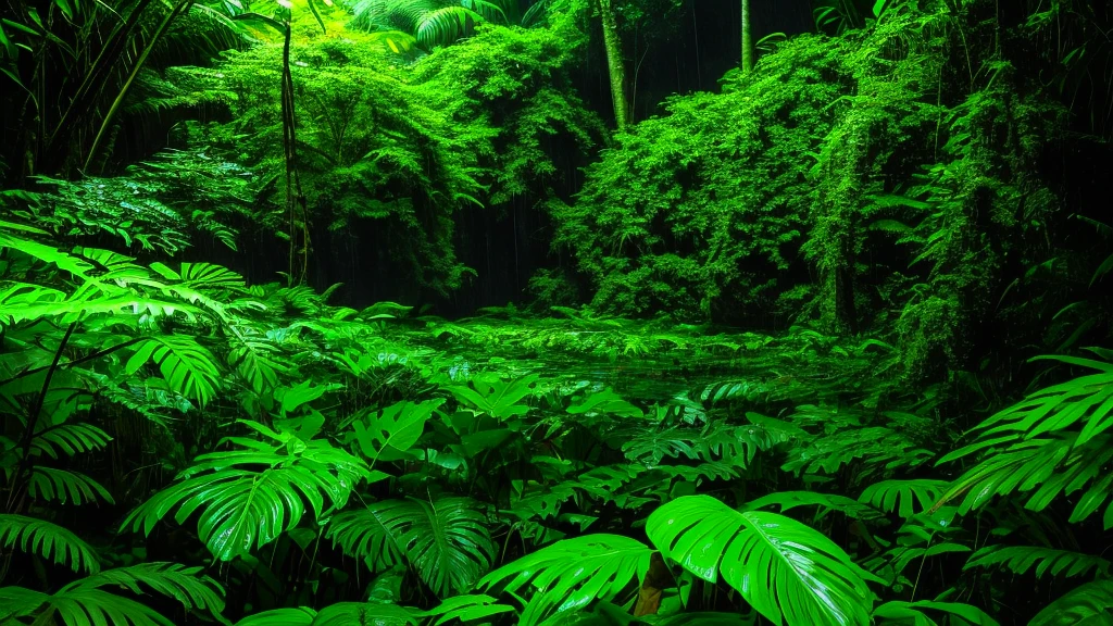 a close up of a rain storm in a jungle with trees, wet lush jungle landscape, deep jungle from another world, jungle environment, lush rain forest, eerie jungle, beautiful jungle, in a highly detailed jungle, 8 k resolution digital painting, in a deep lush jungle at night, 8k resolution digital painting, rainy environment, tropical forest, rainforest