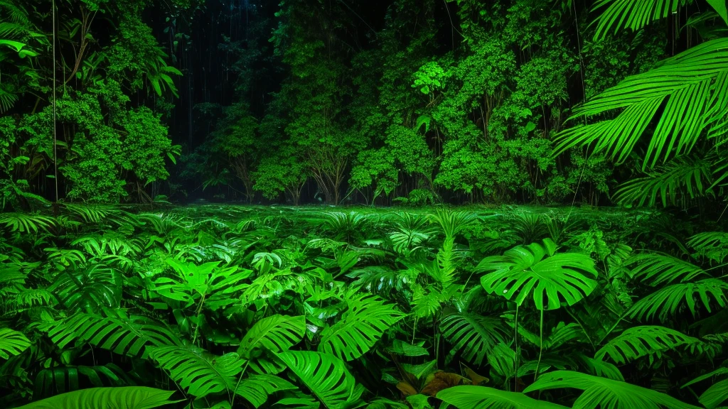 a close up of a rain storm in a jungle with trees, wet lush jungle landscape, deep jungle from another world, jungle environment, lush rain forest, eerie jungle, beautiful jungle, in a highly detailed jungle, 8 k resolution digital painting, in a deep lush jungle at night, 8k resolution digital painting, rainy environment, tropical forest, rainforest