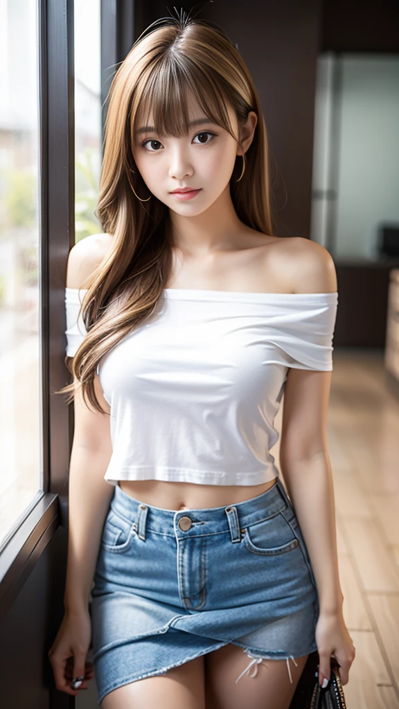 Tabletop, Highest quality, shape, Very detailed, In detail, High resolution, 8k wallpaper,Sexy Big 、A cute 21-year-old girl with a sexy and cute look, Beautiful and sexy face、Cute and sexy eyes hidden by long bangs, revealing her navel(1:1.8)、Off-the-shoulder T-shirt、mini skirt、Blonde Hair