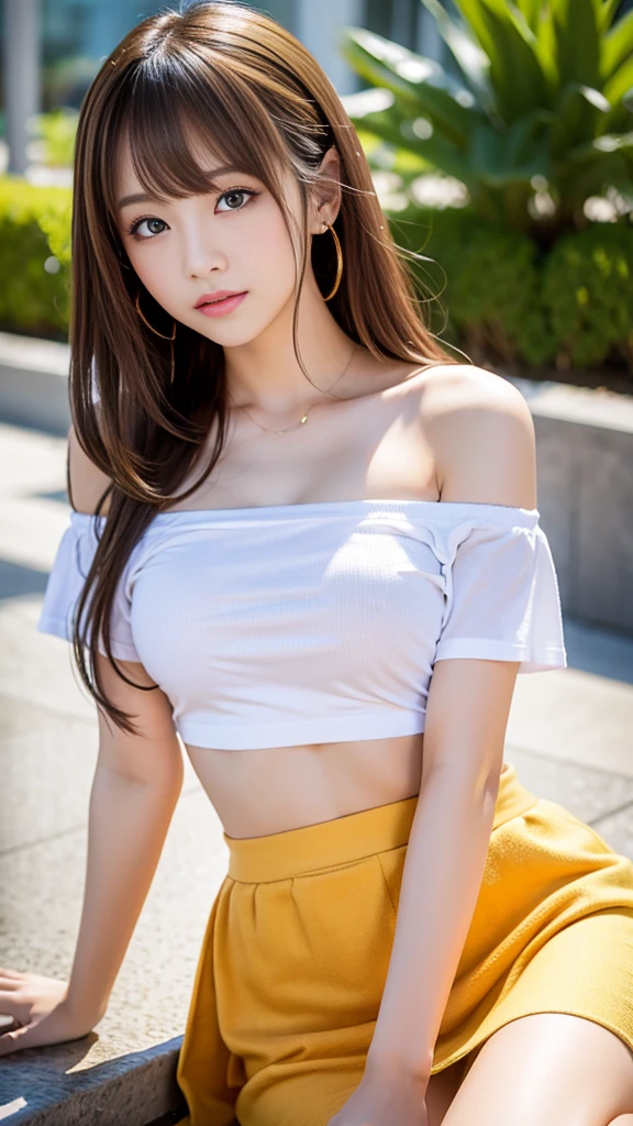 Tabletop, Highest quality, shape, Very detailed, In detail, High resolution, 8k wallpaper,Sexy Big 、A cute 21-year-old girl with a sexy and cute look, Beautiful and sexy face、Cute and sexy eyes hidden by long bangs, revealing her navel(1:1.8)、Off-the-shoulder T-shirt、mini skirt、Blonde Hair