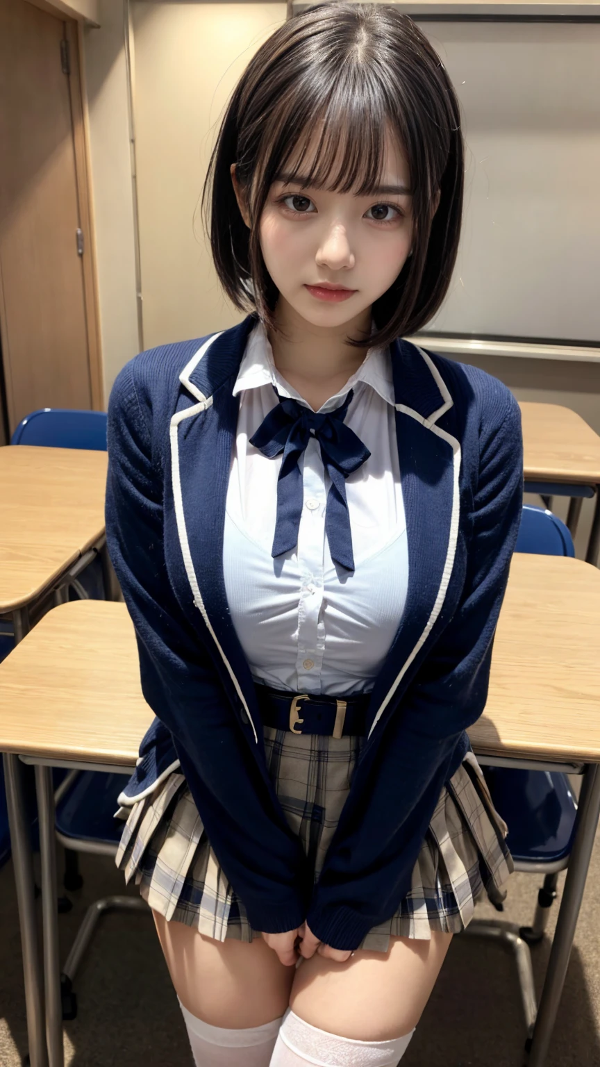 masterpiece, best quality, illustration, Super detailed, fine details, High resolution, 8K,wall paper, perfect dynamic composition,(Details High quality, realistic depiction of eyes:1.3), from side, High School Classroom、High school girl uniform、blazer 、Super Short Check Uniform Skirt、Navy blue high socks、garterbelts、Colossal tits、Disturbed uniform, short bob hair, black hair color, large breasts, Big Natural Color Lip, bold sexy pose, (perfect body shape), crying a little、cold gaze, Harajuku style、20 year old girl、cute type, beautiful legs, hposing Gravure Idol, Voluptuous thighs