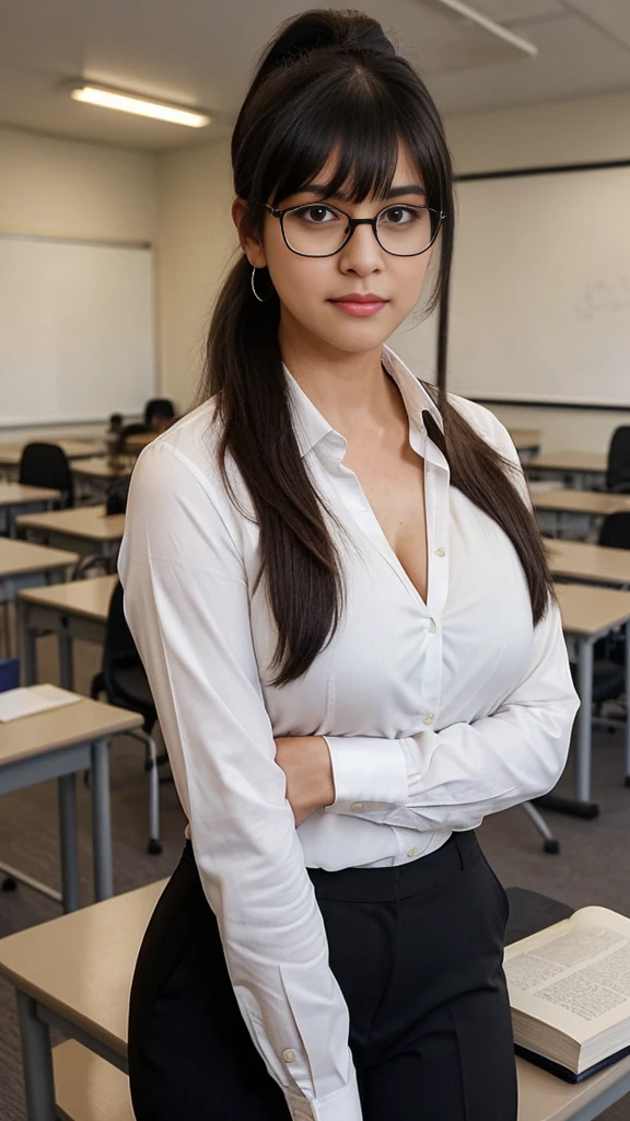 masterpiece, best quality, 1girl, black hair, long ponytail, bangs, (woman in her twenties), glasses, teacher, in front of class, standing behind a desk, (large , cleavage), tight white blouse,big round huge enomours breast,slacks, holding a book, serious look, in classroom,