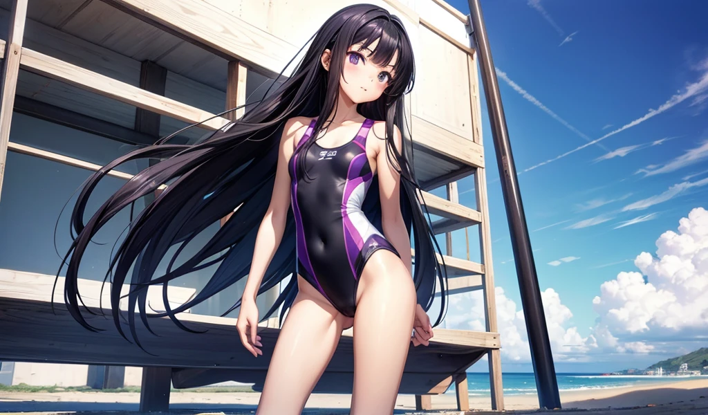 Twelve-year-old girl with long straight black hair，Bare arms，Purple and white one-piece swimsuit，Standing，beach