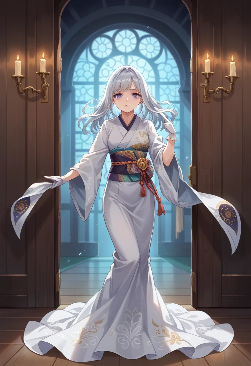 score_9, score_8_up, score_7_up, score_6_up, hd, detailed cg art, masterpiece, best quality,
(masterpiece, best quality:1.2), highres, wallpaper, 1yurei lady of age 30, detailed beautiful face with haunting eyes, silver hair flowing like mist, white gloves with intricate embroidery, half-transparent body, emerging from ancient wooden door with eerie creak, pointing finger at door with long nails, looking directly at viewer with sinister smile, floating in dark corridor lined with old paintings and cobwebs, full body shot, dramatic lighting casting long shadows, ambient light from flickering candles, depth of field, dynamic angle, 8k, tattered kimono flowing, cold mist surrounding her, ethereal glow
