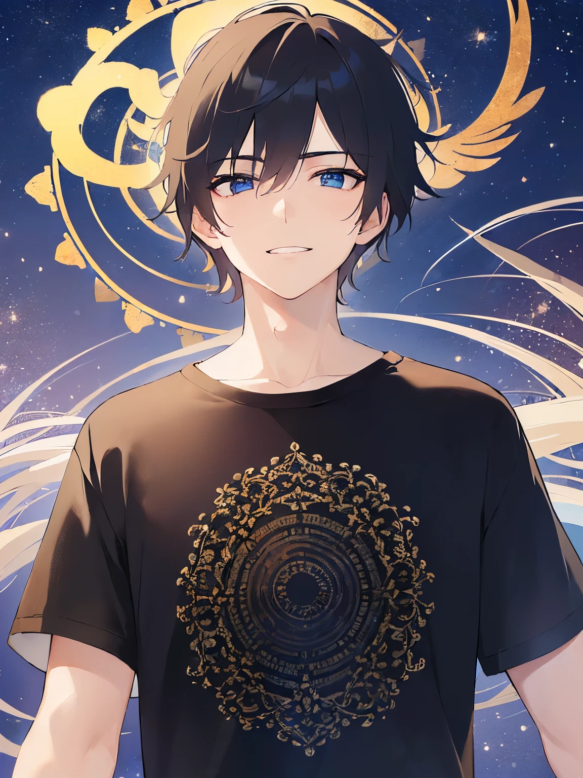 (25-year-old male:1.5) and (Black short hair) and (blue eyes) (black:1.5) and (T-Shirts:1.5),(looking at viewer:1.5),upper body、shiny skin, masterpiece、Highest quality,smile、(Night Park:1.5)、(Night Sky:1.5)、(grass:1.3),(alone:1.5)