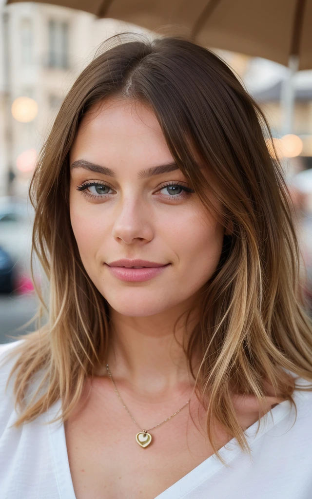 Belle brune aux reflets blonds portant un pull beige (in a café drinking soda), Very detailed, 22 ans, visage innocent, natural wavy hair, yeux bleus, High resolution, masterpiece, Best quality, intricate high detail, highly detailed, mise au point nette, detailed skin, realistic skin texture, texture, detailled eyes, professionnel, 4K, sourire charmant, filmed on Canon, 85 mm, faible profondeur de champ, Couleur Kodak Vision, perfect fit body, Extremely detailed, photographier_\(ultra\), photoreallistic, Realstic, Post-traitement, Maximum details, roughness, real life, ultra realist, photorealism, photographie, 8K UHD, photographie, drink perolado rosa im hand