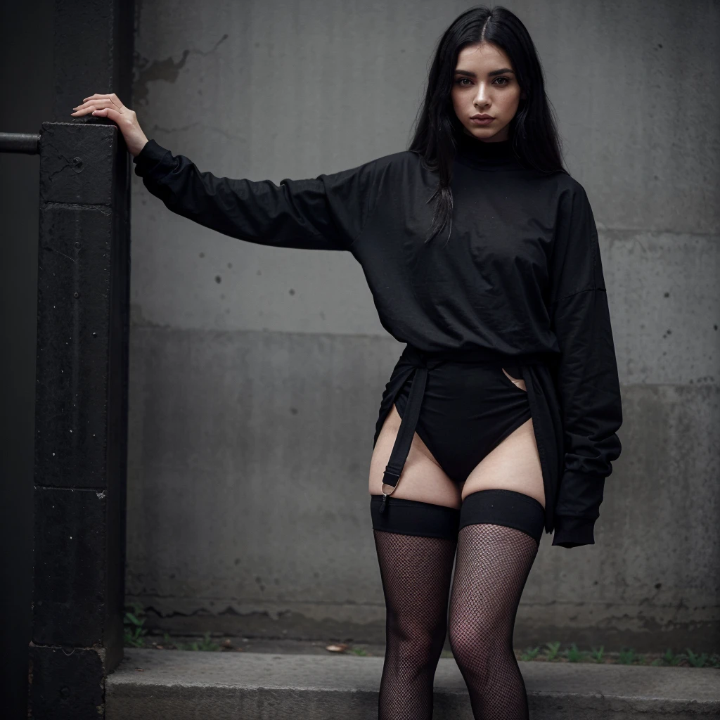 araffe wearing a black shirt and fishnet stockings posing for a picture, a picture inspired by reyna rochin, tumblr, realism, black oversized clothes, wearing in black clothes, outlive streetwear collection, wearing black clothes, with a cool pose, wearing black modern clothes, casual pose, smooth in _ the background, she is wearing streetwear, wearing black tshirt