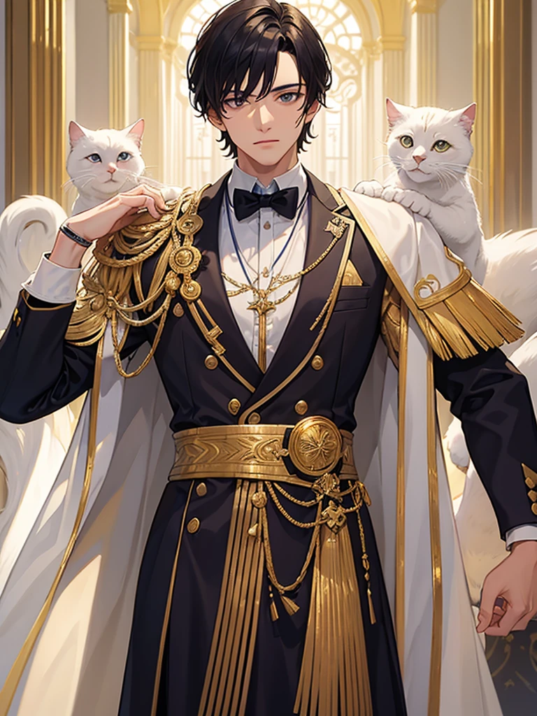 Homem de longos cabeautifuls brancos compridos, twenty years old, muscled body, formal white attire with gold details, golden, thin eyes like a cat's, epic, mighty, beautiful.