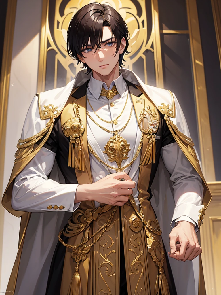 Homem de longos cabeautifuls brancos compridos, twenty years old, muscled body, formal white attire with gold details, golden, thin eyes like a cat&#39;s, epic, mighty, beautiful.
