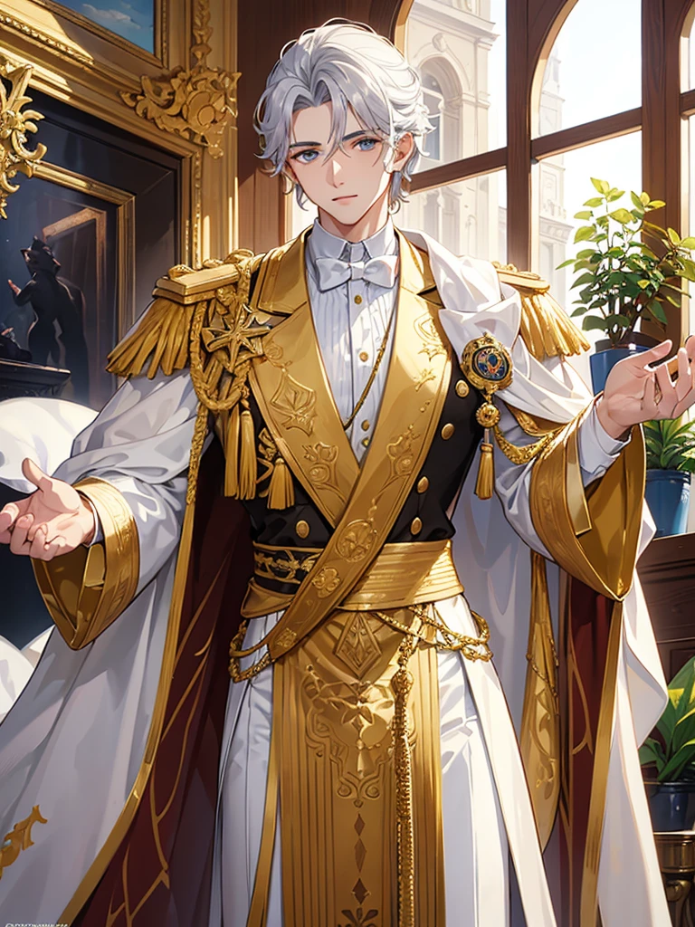 Homem de longos cabeautifuls brancos compridos, twenty years old, muscled body, formal white attire with gold details, golden, thin eyes like a cat&#39;s, epic, mighty, beautiful.