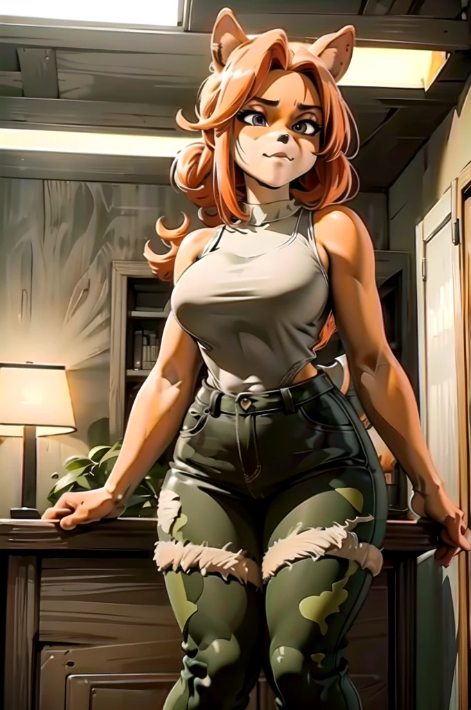 (best quality,4k,8k,highres,masterpiece:1.2),ultra-detailed,realistic:1.37,portrait,anthro bandicoot futa girl redhead, long hair, beautiful close eyes, relaxing moment, sexy , sweater, camouflage pants, ,cozy lighting, vibrant colors , girl anthro ,