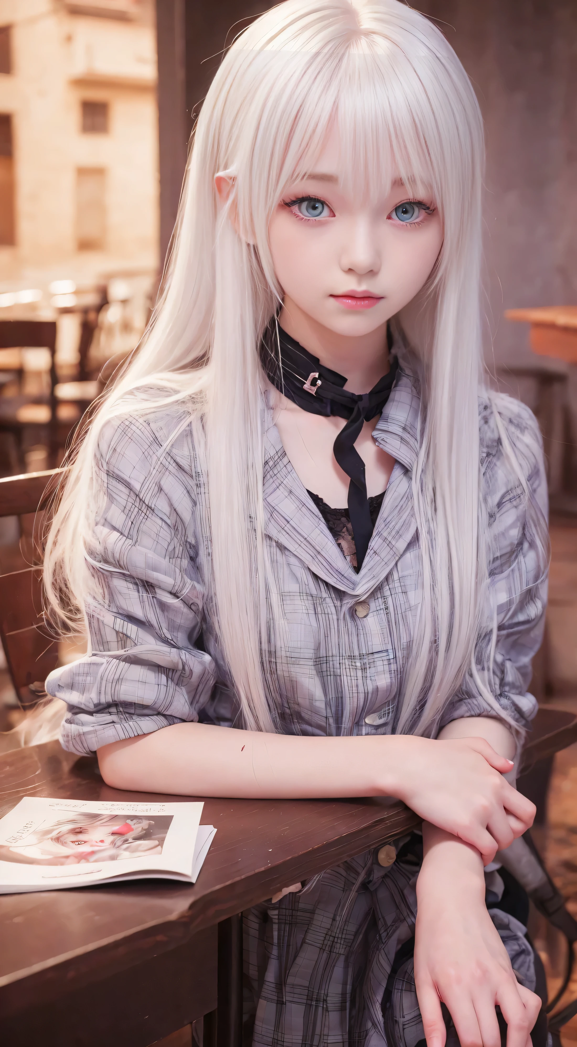 Be a girl with a pink complexion, beautiful eyes (red eyes) and deep as the night sky, half sad face lying on the table, white hair, looking at you, with an anime/semi-realistic style of art  