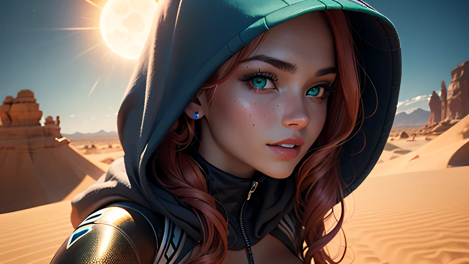 Close-up of a stunning 20-year-old woman, her striking features illuminated by the harsh desert sun. She wears an elegant, high-tech suit that hugs her toned physique, very long curly orange-red hair that falls over her breasts, physically powerful girl, blue-green eyes, thick pink lips, absolute beauty, high-tech suit whose metallic shine reflects the sand dunes surrounding her. The girl wears a dark blue wind-blown torn hooded cloak. In the background, a glowing portal to another world crackles with energy, its spinning vortex drawing the viewer's gaze away from the captivating smile of the girl. Captivating and mysterious alien otherworldly landscape