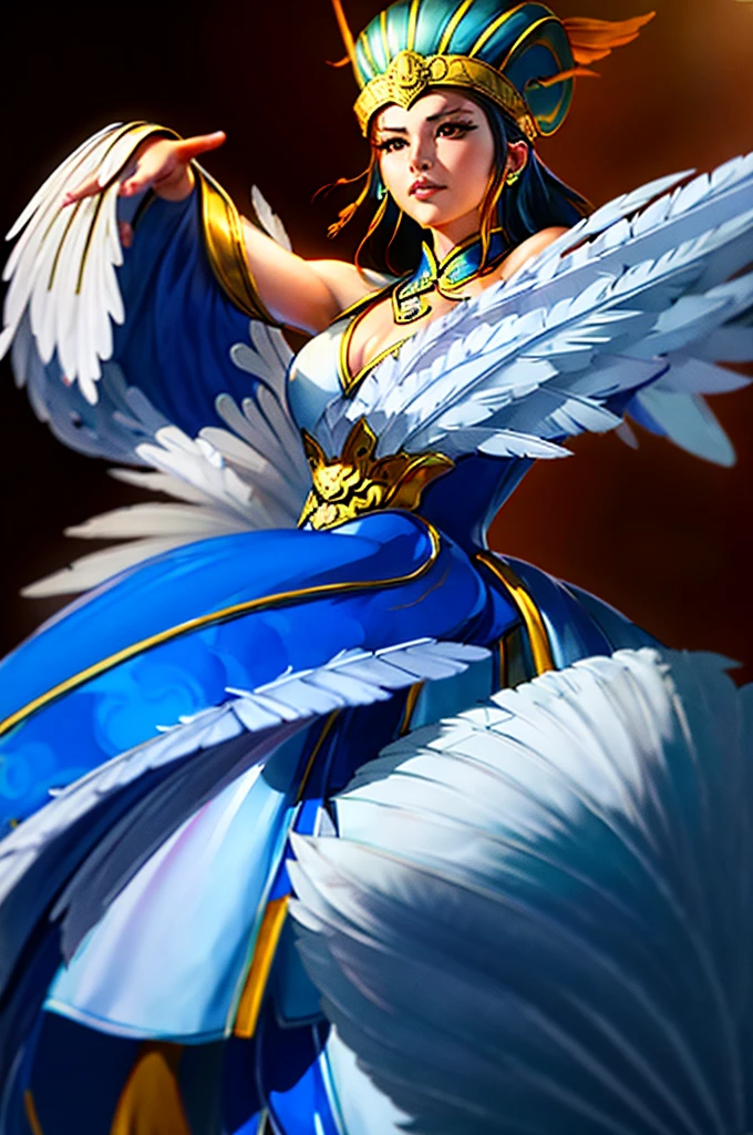 1girl,(8k, best quality, masterpiece:1.4),final fantasy,(fantasy), (lighting),solo, white chinese hat,chinese clothes,(holding Feather Fan),plume,white cloth ,cloud,eagle,wings