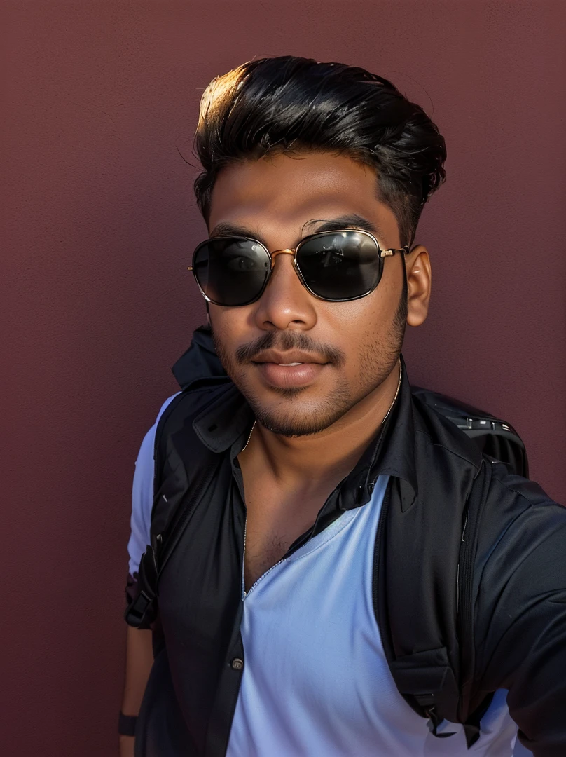 there is a man with a backpack and sunglasses taking a selfie, with accurate face, with sunglass, wearing black sunglasses, with lovely look, portait photo profile picture, profile picture, very very low quality picture, with sunglasses, without helmet, ayan nag, jayison devadas style, shot on nikon z9, in style of col price change background