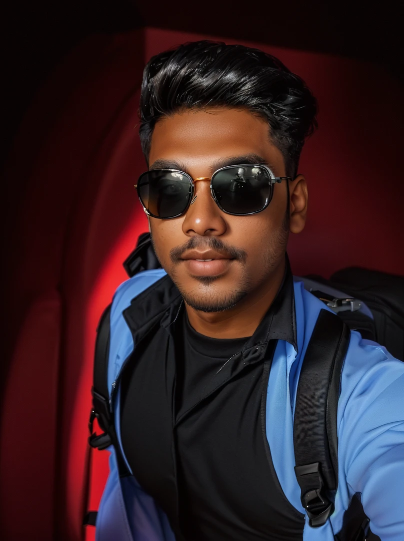 there is a man with a backpack and sunglasses taking a selfie, with accurate face, with sunglass, wearing black sunglasses, with lovely look, portait photo profile picture, profile picture, very very low quality picture, with sunglasses, without helmet, ayan nag, jayison devadas style, shot on nikon z9, in style of col price change background