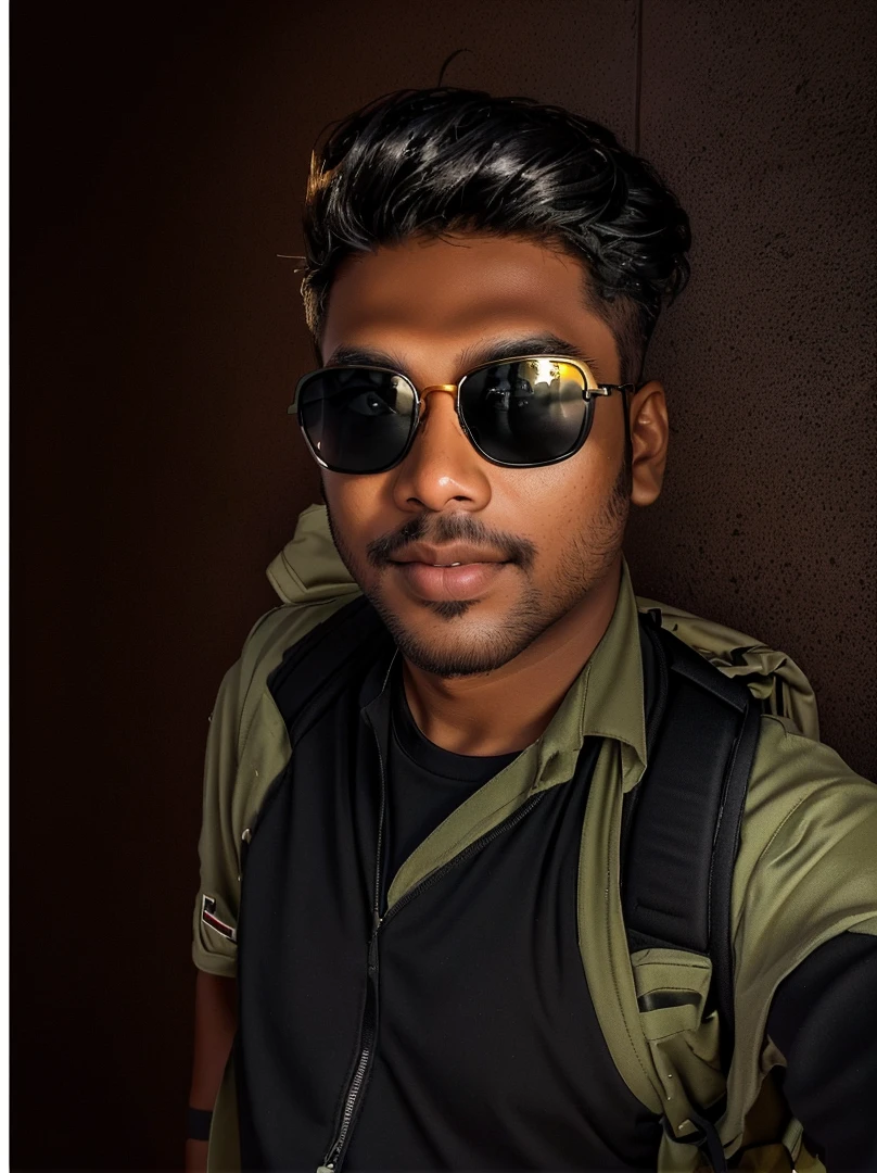 there is a man with a backpack and sunglasses taking a selfie, with accurate face, with sunglass, wearing black sunglasses, with lovely look, portait photo profile picture, profile picture, very very low quality picture, with sunglasses, without helmet, ayan nag, jayison devadas style, shot on nikon z9, in style of col price change background