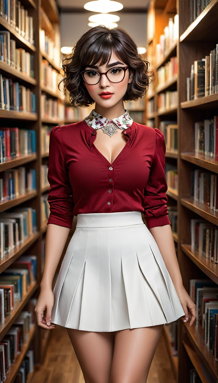 (((beautiful beautiful Isabela Merced, posing for uploadss, looking sexy, ruffled lips, Cabelo curto e curly, extremely pretty eyes))), ((wearing floral silver necklace)), realistic uploadsgraph, highy detailed, Foco do pointed, (Main lighting), (indoor bookstore environment), artwork, extremely pretty, Perfect beauty, (perfect shape body, Broad Hips, small waist, thick-thighs, firm abs, Body cute, knees, knees, focus on the knees, breasts small), cabelo curto com franja, short hair with bangs covering the forehead, cabelo curto com franja ((((short hair with bangs covering the forehead)))), ((30 years old)), (extremely detaild 8k wallpaper), ((face detailed)), (((wearing  white shirt, microsaia curta de tweed, knees, knees, very short skirt)), (long dark eyelashes), (looking at the camera), (((cleavage))), (glamor model), (seductive facial expression) (((standing between high shelves full of books))), extremely detaild, artwork, Intricate details, highy detailed, Foco do pointed, skin detailed, realistic skin texture, texture, detailedeyes, high resolution, kodak vision color, uploads_\(ultra\), Post-processing, maximum detail, roughness, real-life, ultra realistic, uploadsrealism, uploadsgraphy, absurderes, RAW uploads, highest quallity, high detail RAW color uploads, professional uploads, extremely detaild UHD 8k wallpaper unit, best quality, high resolution, (artwork, maximum quality, high resolution:1.4), uploads, cinematic, film grain, pointed, soft natural light, magic uploadsgraphy, super verbose, ((whole body: legs 1.3)), librarian glasses, nerd glasses, ((pleated miniskirt: miniskirt 1.3)), unbuttoned blouse with cleavage, bellybutton, navel, cleavage