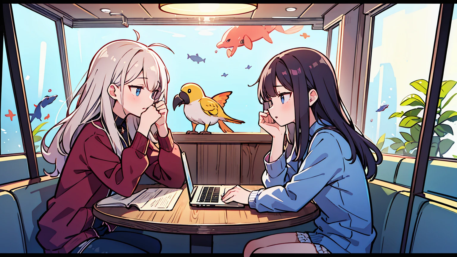 (masterpiece, best quality),Two women with different faces and hairstyles, different hair colors, different faces, long hair, letterboxed, perfection of fashion,chapped lips, casual attire, whole body, from the side, parrot on shoulder, Huge super large undersea aquarium,  at a cafe, study at the table, My eyes are focused on the notes,laptop, together, stylish outfit,

