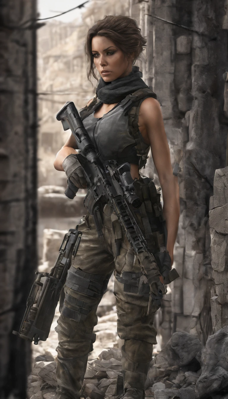 a sniper woman in a post-apocalyptic dark sci-fi scene, realistic, ultra-detailed, wearing camouflage, she is hiding behind destroyed wall and aiming using a huge futuristic sniper rifle with lcd screen connected to rifle scope, aiming at the enemy, full body shot, (best quality,8k,highres,masterpiece:1.2),ultra-detailed,(realistic,photorealistic,photo-realistic:1.37),HDR,UHD,studio lighting,ultra-fine painting,sharp focus,physically-based rendering,extreme detail description,professional,vivid colors,bokeh,concept art