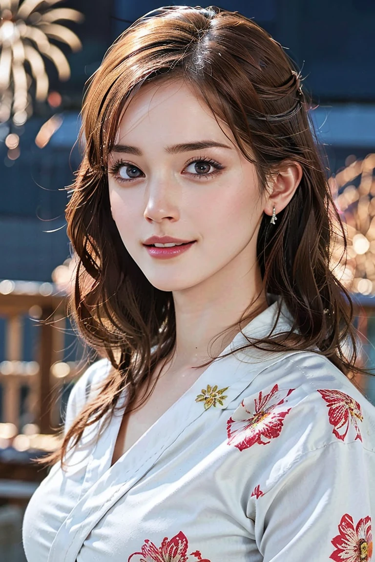 (Preserve face images), pale face:1.3、Super thin face:1.3, (very big eyes:1.5)、 (blown eyes:1.5), master piece、8k, {highest quality}, {{masterpiece}}, {very delicate and beautiful}, (((Mid-range shooting))), outstanding light and shadow, highly detailed wallpaper, clear and bright sunlight, (((Full body))), 1 girl, blush、(薄い茶colourの髪), ((Face illuminated by fireworks)), (((White yukata with floral pattern))), colour々A pose:1.5, necklace、ring、earrings,(Toothless smile:1,5), Wide-angle lens photography