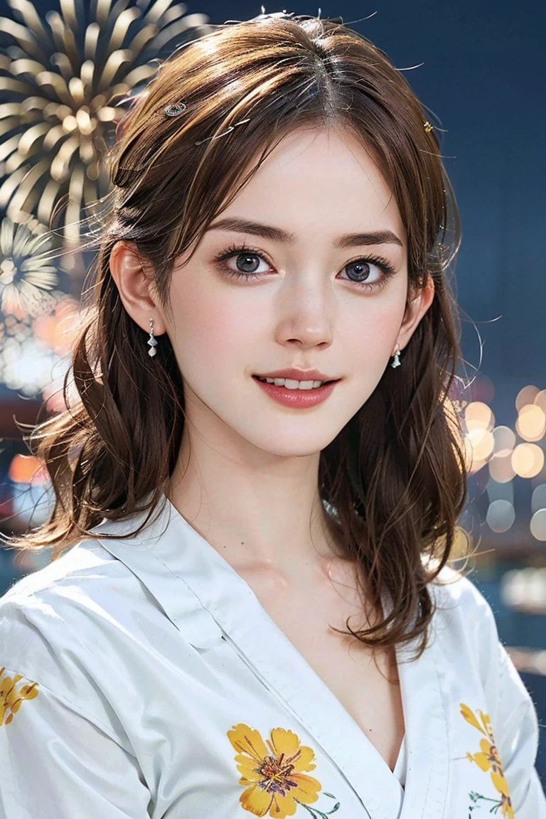 (Preserve face images), pale face:1.3、Super thin face:1.3, (very big eyes:1.5)、 (blown eyes:1.5), master piece、8k, {highest quality}, {{masterpiece}}, {very delicate and beautiful}, (((Mid-range shooting))), outstanding light and shadow, highly detailed wallpaper, clear and bright sunlight, (((Full body))), 1 girl, blush、(薄い茶colourの髪), ((Face illuminated by fireworks)), (((White yukata with floral pattern))), colour々A pose:1.5, necklace、ring、earrings,(Toothless smile:1,5), Wide-angle lens photography