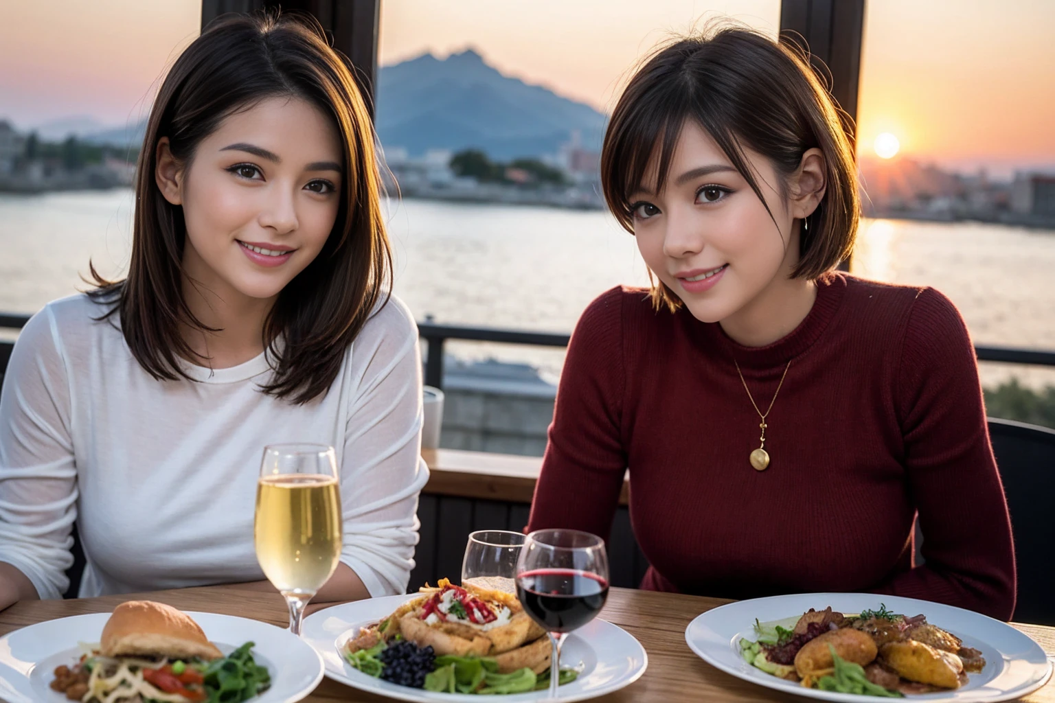 (Realistic:1.1),(masterpiece,Highest quality),8k,(37 years old), 42 years old, slimカップル、Model Couple、actress/actor、Tight waist,Upper Body,full-course dinner、wine 、Amazing view of the sunset sky and clouds、Perfect Anatomy, Brown Hair, short hair,Random Hairstyles,((Highly detailed face and eyes:1.2))(cute顔:1.4),美しいactressの顔,Perfect golden ratio face,Long sleeve shirt、dress,(smile:1.2)、Shortcuts、cute、(Realistic, Intricate details:1.2), A bright smile、short hair,Bright Face、赤wine 、Appetizers、Italian food、wine bottle、Champagne、スパークリングwine、(slimな顔), (The body is slim), (Brown Hair), (Shortcuts), Upper Body, 白wine, slim, wineグラス,