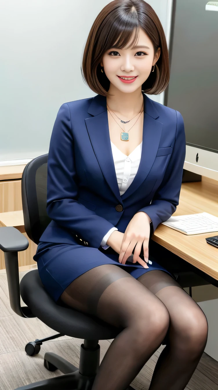 high quality:1.2), RAW Photos, High resolution, Very detailed, Intricate details, 、Woman sitting in office chair、(Full body photo)ear piercing、smile、Black Hair,、Short Haircut、Hair length to shoulders(Front view, ), Clear beauty, Standing in an office room, Upper Body, (High Quality Fabric, Office Lady Suits 、Jacket、shirt、knee length skirt tights、pumps)、Necklace around the neck、, The background is the office