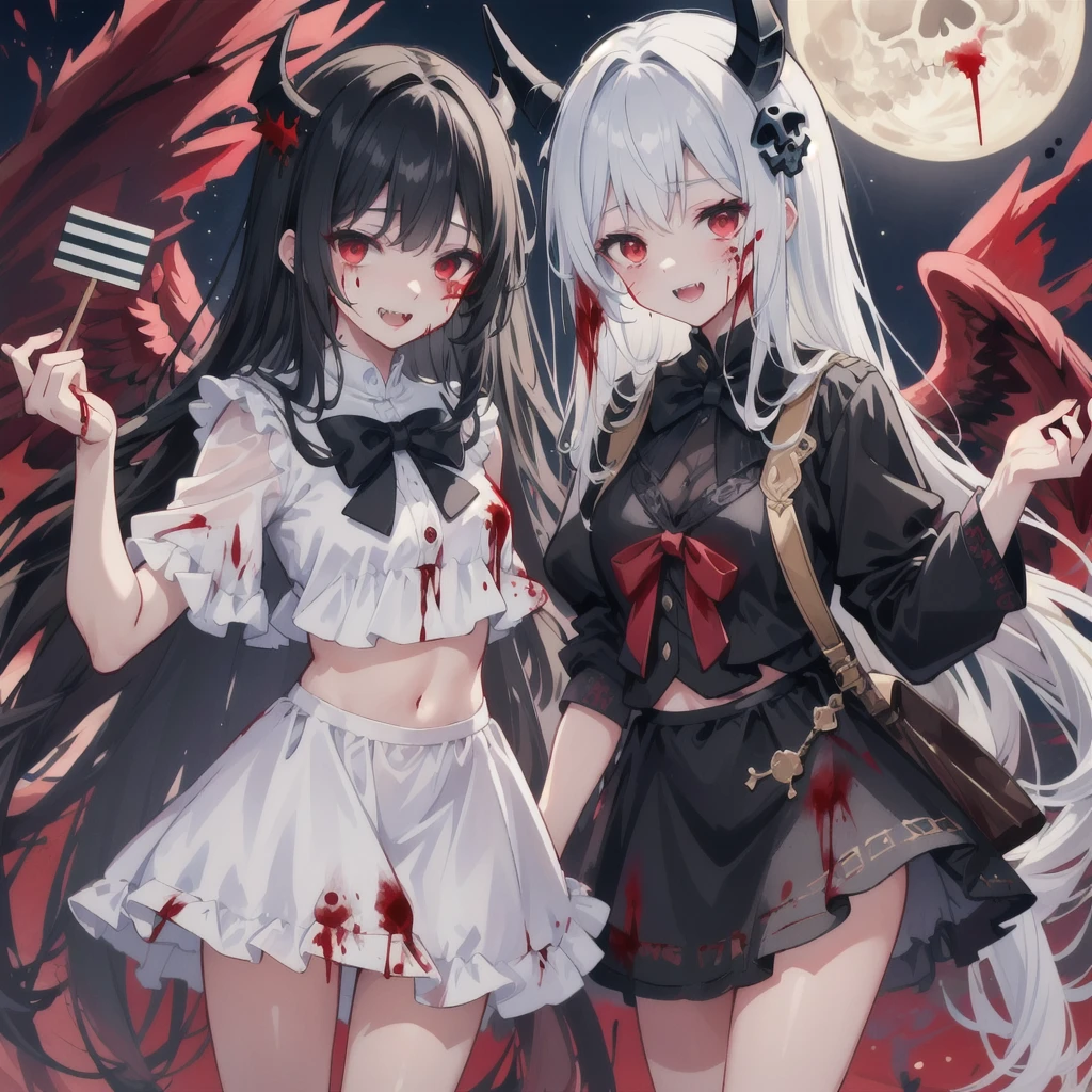 (Highest quality,4K,High resolution,masterpiece:1.2),Very detailed,Realistic:1.37,Spooky altar background,Dark fantasy,Red color scheme,Ominous atmosphere,Eye-catching,Storytelling,anatomy,Anime Style,Concept Art,beautiful細部までこだわった顔と (((Red eyes ))),Terrifying Ritual ,Satanic Ritual,Untimely Death,Unjust act,Crazy Smile,Scythe Face,Girl Monster, beautiful, Delicate facial features, Sharp Eye, Sharp Fangs, Pale skin, Thick chain, Dark Background, Cinema Lighting, Dramatic Shadows, Gothic style, Gloomy atmosphere, Dark fantasy, One Girl, , Please open your mouth wide, Open your mouth and baring your teeth,Sharp teeth like a beast, Wide lips, very wide mouth, Vermilion cheeks, ,(Blood splatter:1.4),Scary smile, laugh at,Fallen angel design, Twisted smile、Bloodstained、bleeding from the head,,、Blood splatter、,(Blood splatter:1.4),Crossbones, skull,Horror Style, ((Fantasy Fallen Angel Costume)), ((Flowing black hair)), ,(Blood splatter:1.4),Female curves, Sexy flat stomach, Perfect hands, Perfect anime face, ((White ta Dress)), Are standing, ((Wicked Smile)), ,(Blood splatter:1.4), Steam circulates, Moonlight Illumination, night lighting, disaster々new devil horns,,(Blood splatter:1.6),アニメFallen angel design, Twisted smile、Bloodstained、bleeding from the head,,、Blood splatter、,(Blood splatter:1.4),Crossbones, skull,Gothic architecture、Western architecture、Fantasy World、,Victorian cities, Skeleton Gaslight,