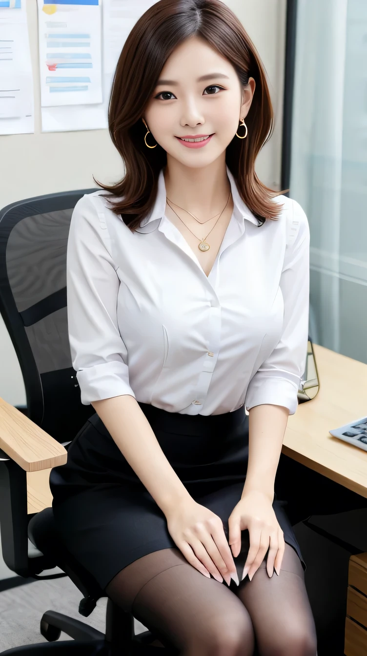 high quality:1.2), RAW Photos, High resolution, Very detailed, Intricate details, 、Woman sitting in office chair、（Full body photo）ear piercing、smile、Black Hair,、Short Haircut、Hair length to shoulders(Front view, ), Clear beauty, Standing in an office room, Upper Body, (High Quality Fabric, Office Lady Suits 、Jacket、shirt、knee length skirt tights、pumps）、Necklace around the neck、, The background is the office

