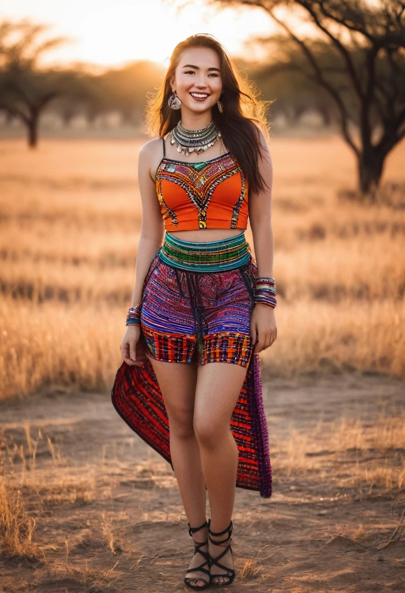 A captivating photo of a cheeky, adventurous young woman of Uyghur and Russian descent, wearing a modern twist on traditional Maasai fashion, with vibrant colors and patterns, in a skin-revealing design that highlights her curvy body type. She stands confidently in a savannah setting, at golden hour, with soft natural lighting, and a playful smile on her face. Shot at eye level, in the style of Brandon Woelfel
