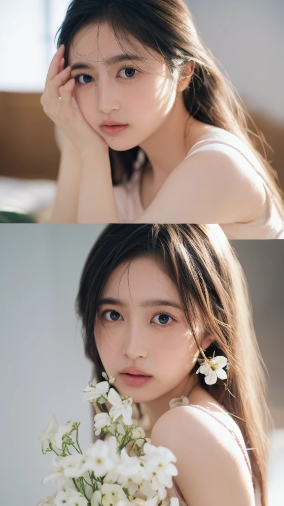 ((Extremely precise and accurate anatomy:1.0)), (photo realistic:1.4), (Hyper realistic:1.4), (Highest qualityの現実的な肌の質感:1.4), (Improvement of quality:1.4), (Enhances the beauty of skin texture:1.1), Clean and glowing skin,(((masterpiece、Attention to detail、Ultra-high resolution、Cute Japanese Woman)))、length, Straight black hair frames her face、Each strand of hair is clearly visible、The skin is white and smooth、Natural shine、Fine skin、毛穴のExpressing every detail、eyes dark brown、Iris Detail、Expressing color gradations and patterns、length, Natural Eyelashes, well-groomed eyebrows、personal々The hair is clearly visible、Light reflects off the eyes、Small highlights、The 鼻 is delicate、Fine detail on the nostrils、Lips are plump and naturally pink、Fine lines and soft curves of the lips、Glossy Lips、Enhances the shape of the lips、Detailed depiction of lip texture、((depiction of light and shadow))、Lip gloss subtly reflects light、Increases lip plumpness、The shadows in the hair add depth and dimension、Your hair sparkles in the light、The background is simple and blurry.、Focus on the face、(((Highest quality、Expressing every detail)))