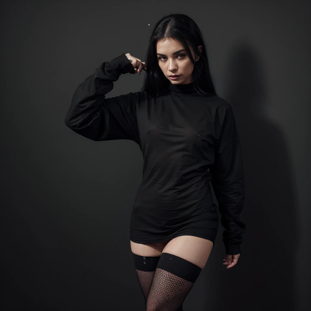  araffe wearing a black shirt and fishnet stockings posing for a picture, black oversized clothes, wearing in black clothes, outlive streetwear collection, wearing black clothes, with a cool pose, wearing black modern clothes, casual pose, smooth in _ the background, she is wearing streetwear, wearing black tshirt, she is wearing a black dress, black outfit