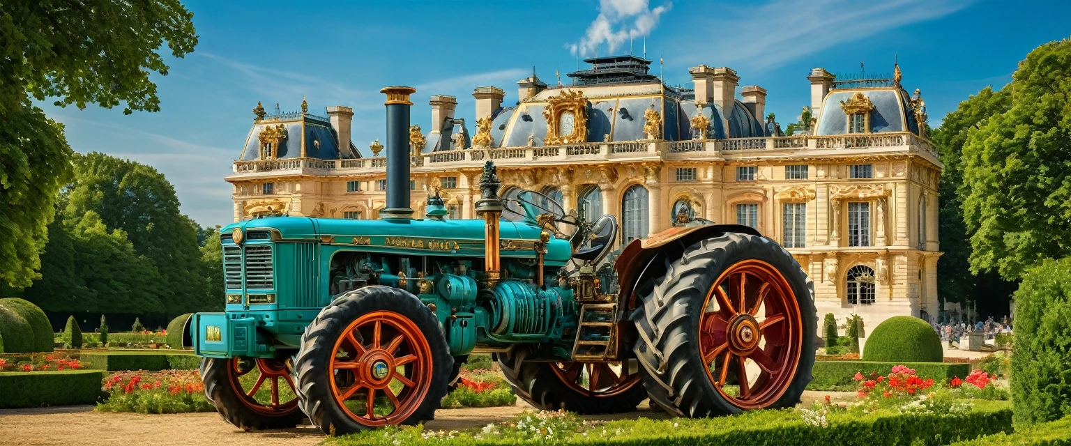 Paris Mint, Versailles castle, detailed castle façade, intricate carvings, lush gardens, vibrant flowers, sunlight filtering through trees, striking shiny Copper body and teal tractor, meticulous details of the tractor, steam punk, high image quality, vivid colors, carefully crafted lighting. monnaie de Paris se distingue à travers le château de Versailles et devient un tracteur rouge et argent