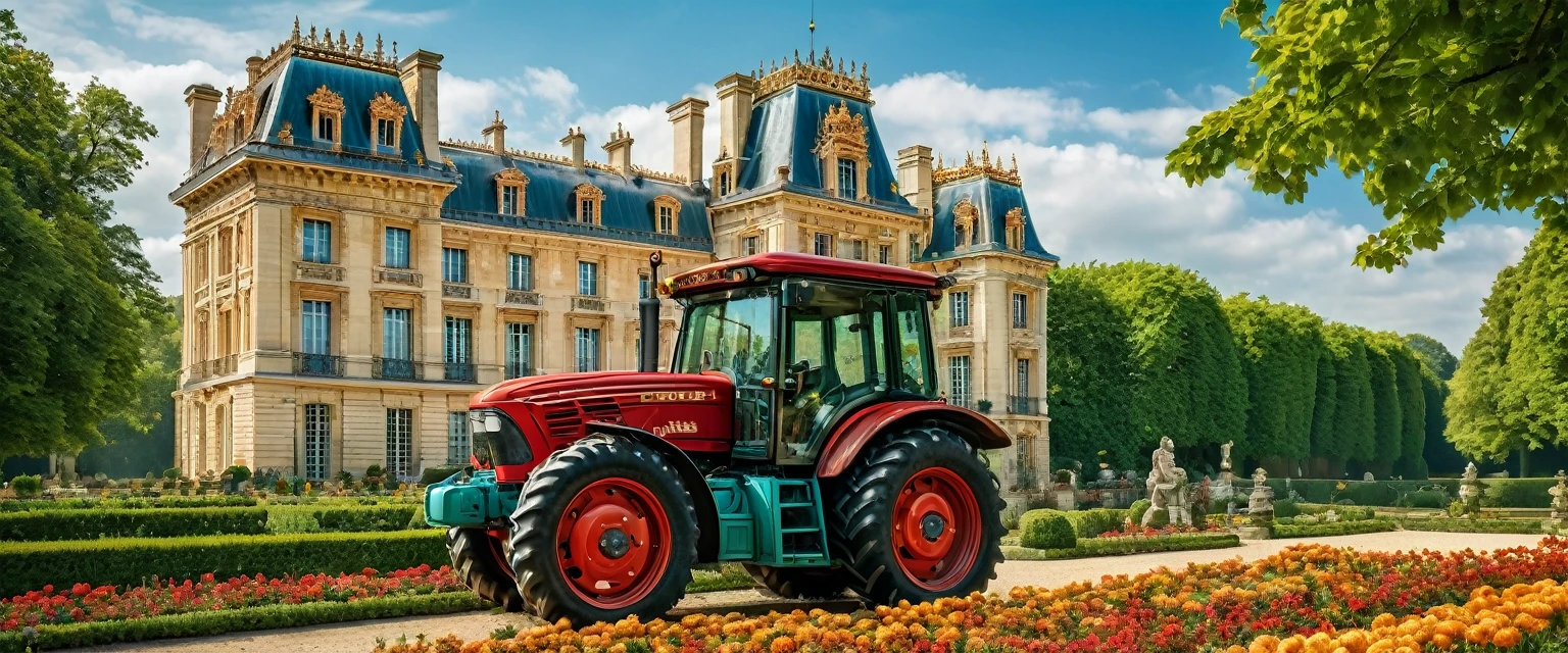 Paris Mint, Versailles castle, detailed castle façade, intricate carvings, lush gardens, vibrant flowers, sunlight filtering through trees, striking shiny Copper body and teal tractor, meticulous details of the tractor, steam punk, high image quality, vivid colors, carefully crafted lighting. monnaie de Paris se distingue à travers le château de Versailles et devient un tracteur rouge et argent