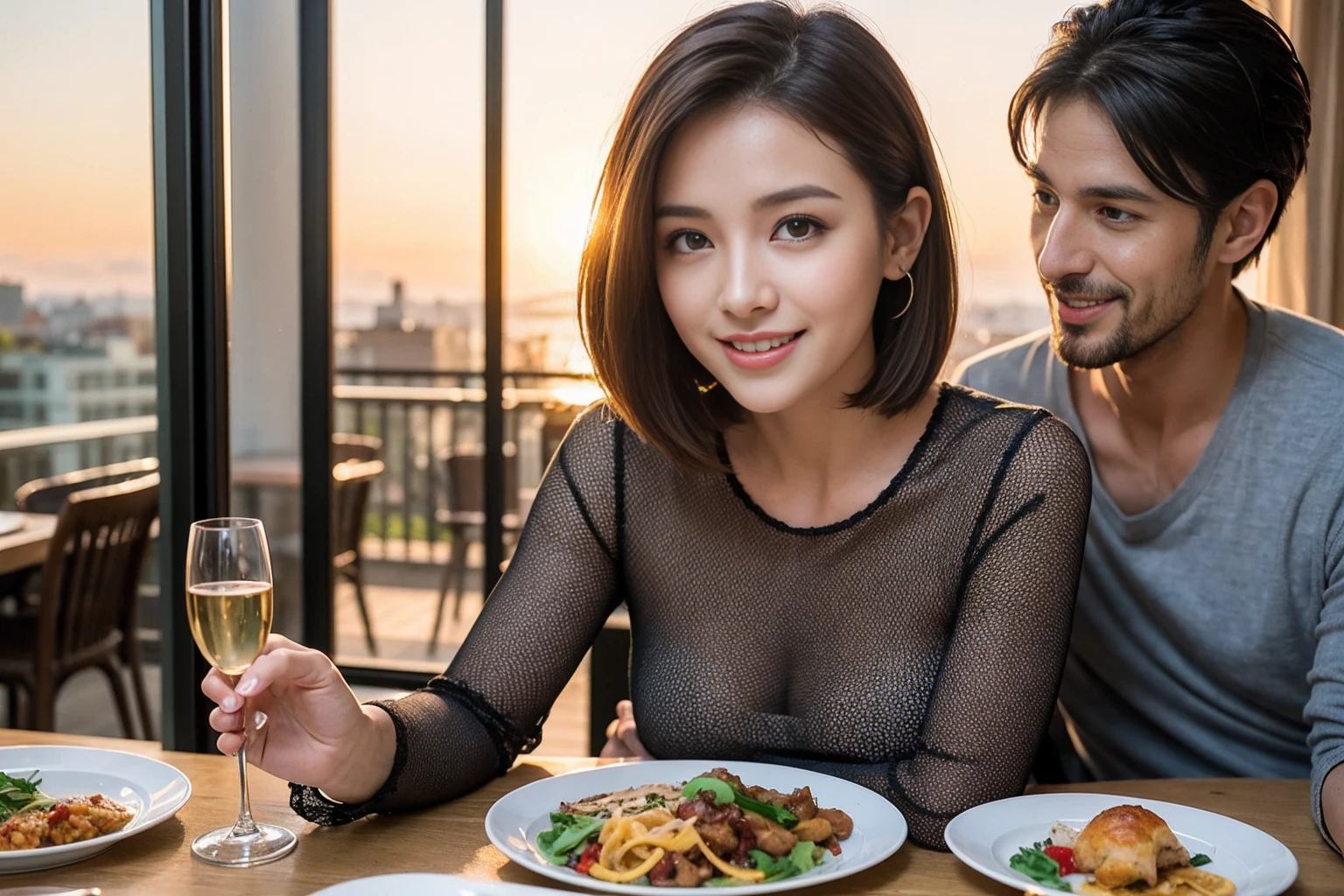 （Realistic:1.1）,(masterpiece,Highest quality)，8k,(37 years old), 42 years old, slimカップル、Model Couple、Actress/Actor、Tight waist,Upper Body,full-course dinner、wine 、Amazing view of the sunset sky and clouds、Perfect Anatomy, Brown Hair, Short Hair,Random Hairstyles,((Highly detailed face and eyes:1.2))(cute顔:1.4)，Beautiful actress face，Perfect golden ratio face，Long sleeve shirt、dress,(smile:1.2)、Shortcuts、cute、(Realistic, Intricate details:1.2), A bright smile、short hair,Bright Face、赤wine 、Appetizers、Italian food、wine bottle、Champagne、スパークリングwine、(slimな顔), (The body is slim), (Brown Hair), (Shortcuts),  Upper Body, 白wine, slim, wineグラス, 