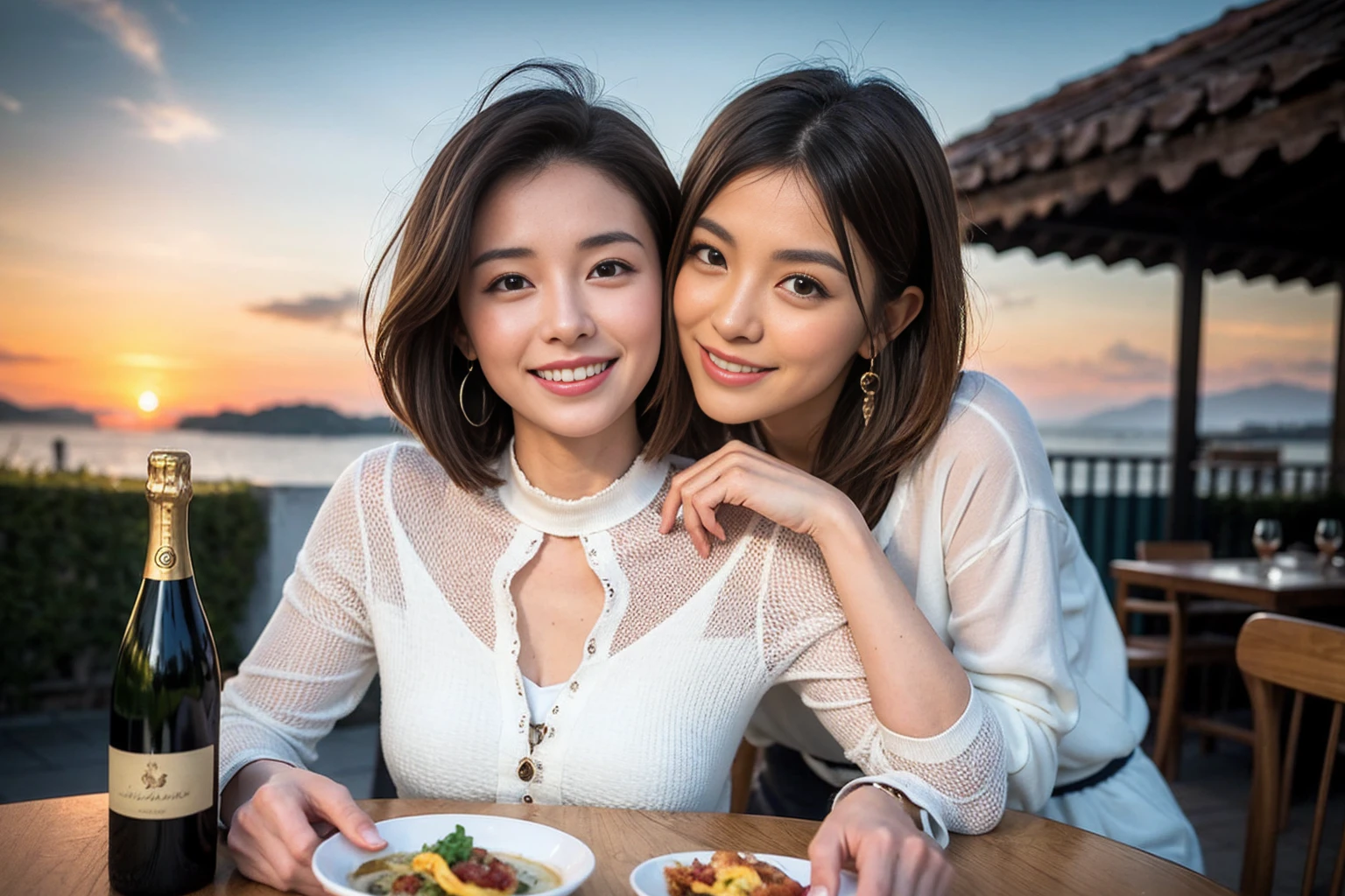 （Realistic:1.1）,(masterpiece,Highest quality)，8k,(37 years old), 42 years old, slimカップル、Model Couple、Actress/Actor、Tight waist,Upper Body,full-course dinner、wine 、Amazing view of the sunset sky and clouds、Perfect Anatomy, Brown Hair, Short Hair,Random Hairstyles,((Highly detailed face and eyes:1.2))(cute顔:1.4)，Beautiful actress face，Perfect golden ratio face，Long sleeve shirt、dress,(smile:1.2)、Shortcuts、cute、(Realistic, Intricate details:1.2), A bright smile、short hair,Bright Face、赤wine 、Appetizers、Italian food、wine bottle、Champagne、スパークリングwine、(slimな顔), (The body is slim), (Brown Hair), (Shortcuts),  Upper Body, 白wine, slim, wineグラス, 