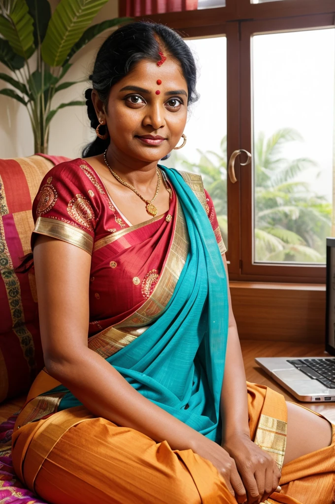 Milf Sudha Murthy, beautiful detailed eyes, female protagonist, Indian ethnicity, watching porn at computer, breaking gender stereotypes, wearing a indian attire, sexy expression, sitting, vibrant colors, bright lighting, high-resolution rendering, realistic illustrations,