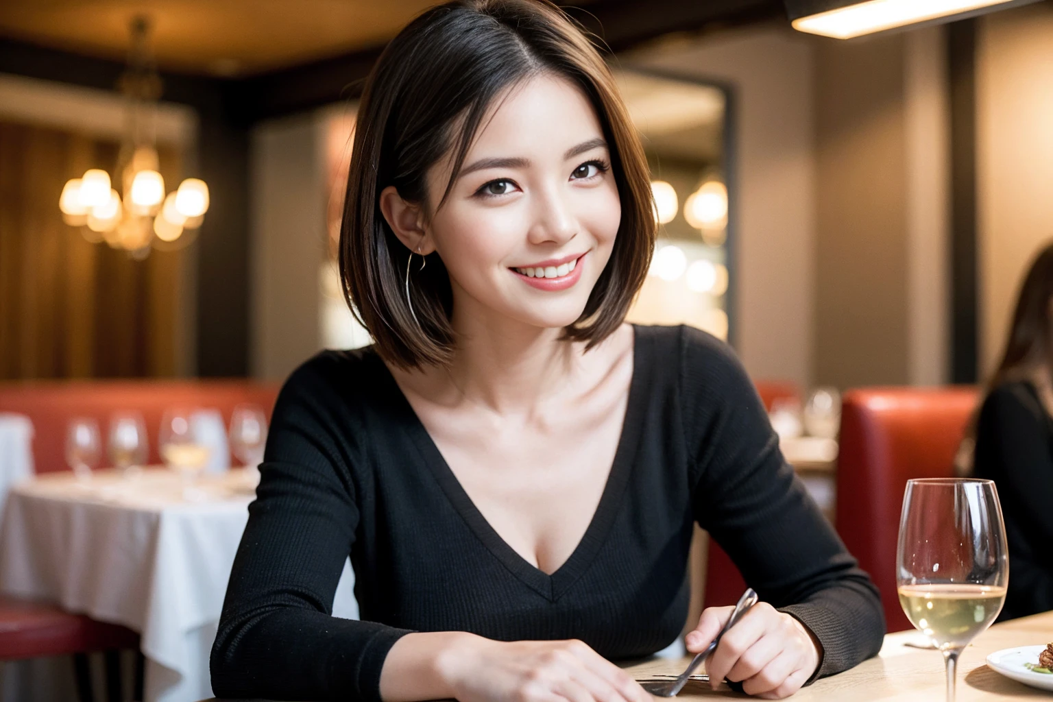 ((Highest quality、8k、masterpiece:1.3))、slimカップル、modelカップル、(Realistic, Intricate details:1.2), Japanese food、Buckwheat、Japanese sake、Shochu 、Amazing view of the sunset sky and clouds、A bright smile、The wonderfulness of smile、Bright image、Beautiful Face, blue eyes, The light shines on your face, blush, short hair,Bright Face、 (Age 37), Age 34, sparkling wine、Two beauties、Brown Hair、Shortcuts、Long sleeve shirt、dress、Beautiful woman 1, (slimな顔), (The body is slim), (Brown Hair), (Shortcuts), cheeks turn a little red,Attractive beauty、restaurant, In a prominent place (From the waist up) Nova Frog Style, actress, model, Upper Body, White wine, slim, smile, (smile: 1.15), Beautiful fine grain, Depth f/2,saturation, High Contrast, Strong light and shadow,Moist Body:1.5、3D texture、Delicate eyes、Brown Hair、The hair is very shiny、