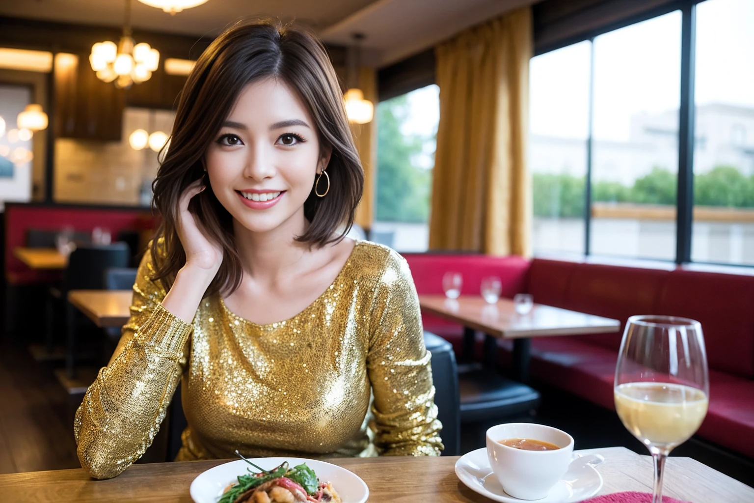 (Realistic:1.1),(masterpiece,Highest quality),8k,((Two Women)), (38 years old), 42 years old, slimカップル、modelカップル、actress男優、Tight waist,Upper Body,full-course dinner、wine 、Amazing view of the sunset sky and clouds、Perfect Anatomy, Brown Hair, Short Hair,Random Hairstyles,((Highly detailed face and eyes:1.2))(cute顔:1.4),美しいactressの顔,Perfect golden ratio face,Long sleeve shirt、dress,(smile:1.2)、Shortcuts、cute、(Realistic, Intricate details:1.2), A bright smile、short hair,Bright Face、赤wine 、Appetizers、Italian food、wine bottle、Champagne、スパークリングwine、Brown Hair、Shortcuts、(slimな顔), (The body is slim), (Brown Hair), (Shortcuts), cheeks turn a little red,restaurant, In a prominent place (From the waist up) Nova Frog Style, actress, model, Upper Body, 白wine, slim, wineグラス,